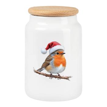 Robin Santa Hut auf Ast - Keksdose mit Holzdeckel - Weiß - Vorne