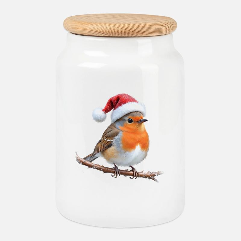 Robin Santa Hut auf Ast - Keksdose mit Holzdeckel - Weiß