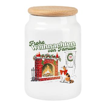 Merry Christmas From Family Kamin - Cookie Jar with Wooden Lid - white - Front