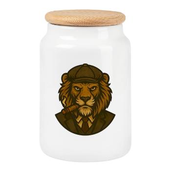 Vintage Löwe im Gangster-Stil - Keksdose mit Holzdeckel - Weiß - Vorne
