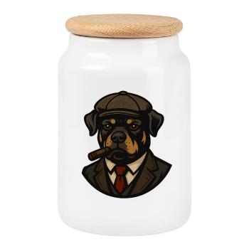 Rottweiler Chien en costume avec cigare - Boîte à biscuits avec couvercle en bois - blanc - Devant