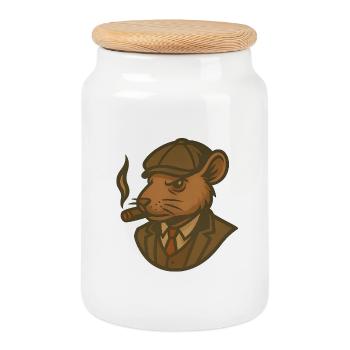 Rat in suit with cigar - Cookie Jar with Wooden Lid - white - Front