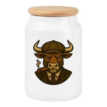 Taureau en costume avec cigare - Boîte à biscuits avec couvercle en bois - blanc - Devant