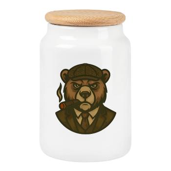 Ours en costume et béret avec cigare - Boîte à biscuits avec couvercle en bois - blanc - Devant