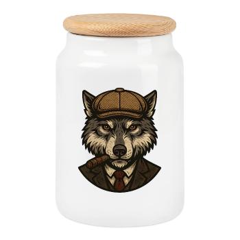 Wolf in beret and cigar - Cookie Jar with Wooden Lid - white - Front