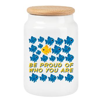 Be Proud of Who You Are - Fish Motif - Cookie Jar with Wooden Lid - white - Front