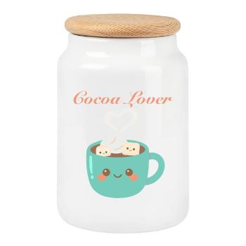 Cocoa lover - Kawaii Winter Hot Chocolate Mug - Cookie Jar with Wooden Lid - white - Front