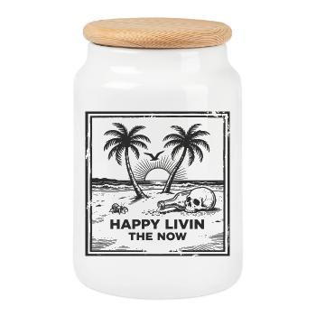 T-shirt vintage tête de mort de plage – Happy Livin - Boîte à biscuits avec couvercle en bois - blanc - Devant