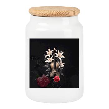 Violin in Lilies and Night Roses - Cookie Jar with Wooden Lid - white - Front