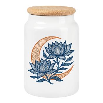 Moonlit Blue Lotus Crescent - Cookie Jar with Wooden Lid - white - Front