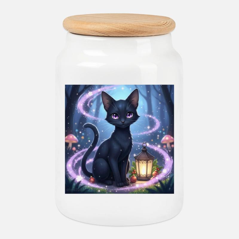 Magische schwarze katze mit laterne - Keksdose mit Holzdeckel - Weiß