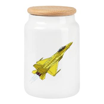 Yellow Jet Fighter Sketch - Cookie Jar with Wooden Lid - white - Front