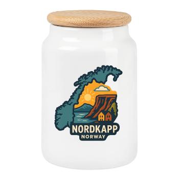 North Cape Sunset at Klippan in Norway - Cookie Jar with Wooden Lid - white - Front