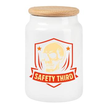 Sicherheit Dritte Abzeichen Schädel Safety Third - Keksdose mit Holzdeckel - Weiß - Vorne