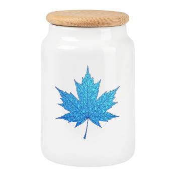Geometric Blue Maple Leaf Print - Cookie Jar with Wooden Lid - white - Front
