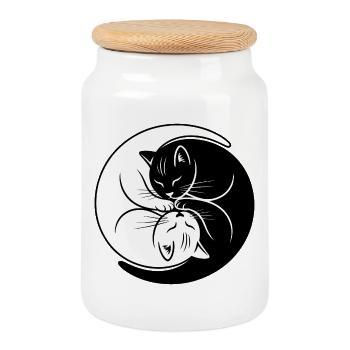 Yin-Yang Cats Black White Harmony Symbol - Cookie Jar with Wooden Lid - white - Front