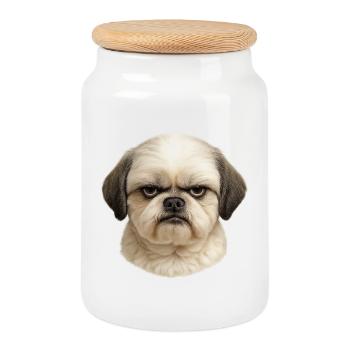 Breloque portrait tête de carlin |  Shih Tzu - Boîte à biscuits avec couvercle en bois - blanc - Devant