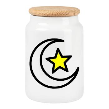 Crescent Moon & Star | Islamic Symbol Line Art - Cookie Jar with Wooden Lid - white - Front