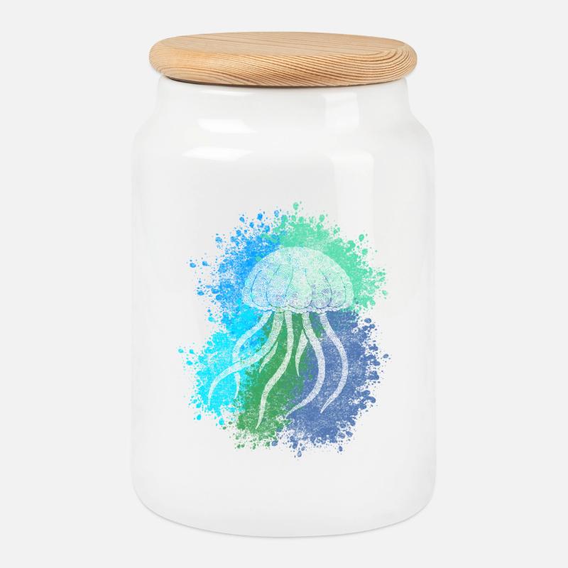Zentangle Jellyfish - Cookie Jar with Wooden Lid - white