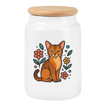 Abyssinian cat among summer flowers - Cookie Jar with Wooden Lid - white - Front