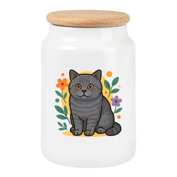 British Shorthair Cat in Flower Circle - Cookie Jar with Wooden Lid - white - Front