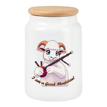 Mouton Musicien Cornemuse Cartoon - Boîte à biscuits avec couvercle en bois - blanc - Devant