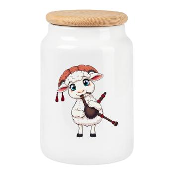 Agneau musicien à la cornemuse - Boîte à biscuits avec couvercle en bois - blanc - Devant
