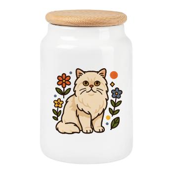 Chat persan en gloire florale - Boîte à biscuits avec couvercle en bois - blanc - Devant