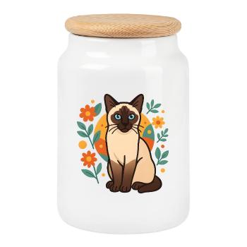 Siamese cat flower designs - Cookie Jar with Wooden Lid - white - Front