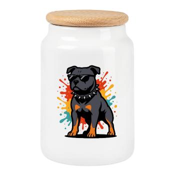 Farbexplosion Staffordshire Hund mit Brille - Keksdose mit Holzdeckel - Weiß - Vorne
