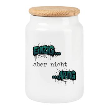 Graffiti "Unique but not nice" trend color - Cookie Jar with Wooden Lid - white - Front