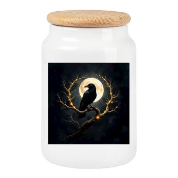 Raven on the Illuminated Moon - Cookie Jar with Wooden Lid - white - Front