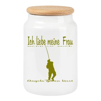 Angler motif - Cookie Jar with Wooden Lid - white - Front