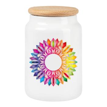 Bunter Blütenrahmen – florales Mandala Design - Keksdose mit Holzdeckel - Weiß - Vorne