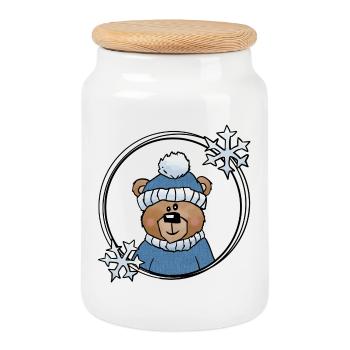 Winter Bear in Blue - Cookie Jar with Wooden Lid - white - Front