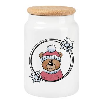 Ours d’hiver en rose - Boîte à biscuits avec couvercle en bois - blanc - Devant