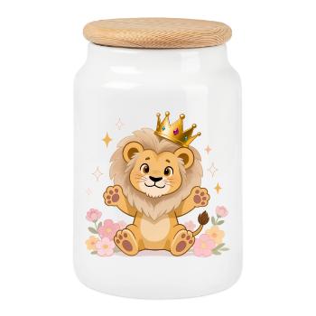 🦁 Lion avec couronne et fleurs - Boîte à biscuits avec couvercle en bois - blanc - Devant