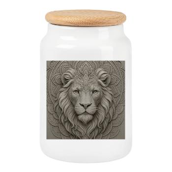 Lion Mandala Front Motif - Cookie Jar with Wooden Lid - white - Front