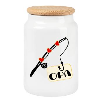 Fishing Rod Fishing Grandpa - Cookie Jar with Wooden Lid - white - Front