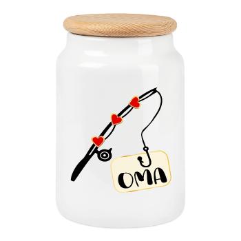 Fishing Rod Fishing Pensioner Grandma - Cookie Jar with Wooden Lid - white - Front