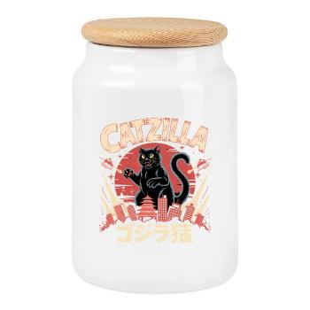 Catzilla - Cute Cat Logo - Cookie Jar with Wooden Lid - white - Front