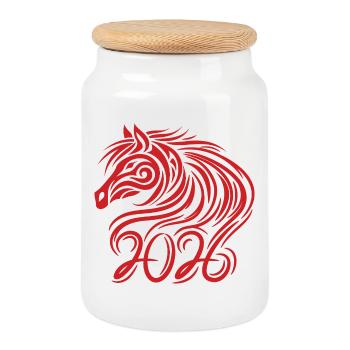 Nouvel an chinois du cheval 2026 - Boîte à biscuits avec couvercle en bois - blanc - Devant