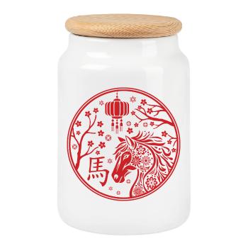 Chinese New year of the Horse 2026 - Cookie Jar with Wooden Lid - white - Front
