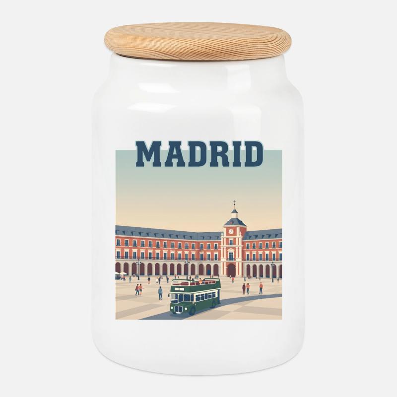 Madrid Plaza Retro-Busszene - Keksdose mit Holzdeckel - Weiß