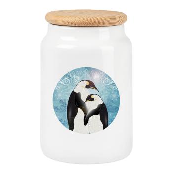 Zwei Pinguine im gemalten Winterdesign - Keksdose mit Holzdeckel - Weiß - Vorne