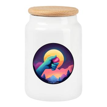 Blue hand holding a chip - Cookie Jar with Wooden Lid - white - Front
