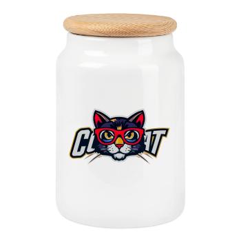 Cat with red glasses logo - Cookie Jar with Wooden Lid - white - Front