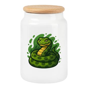 Green Cartoon Anaconda Snake in Wave Swell - Cookie Jar with Wooden Lid - white - Front
