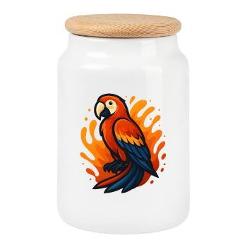 Fire Flaming Macaw Parrot Illustration - Cookie Jar with Wooden Lid - white - Front