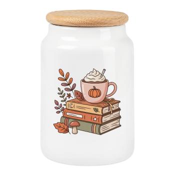 Autumn coffee on stack of books - Cookie Jar with Wooden Lid - white - Front